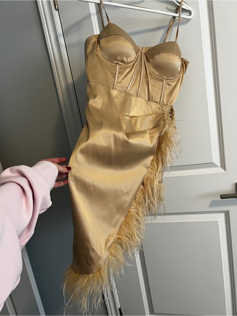 NWT Fashion Nova Gold Satin Asymmetrical Feather Trim Dress